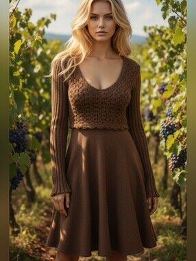 Knit Crochet Overlay Whimsigoth Cottagecore Midi Dress In Chocolate Brown